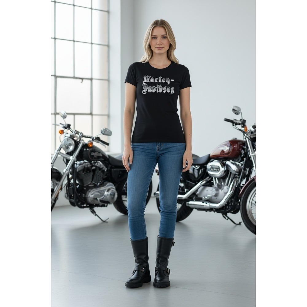 Harley Davidson T Shirt Women S Black Rhinestone Logo Short Sleeve Y2K 90's